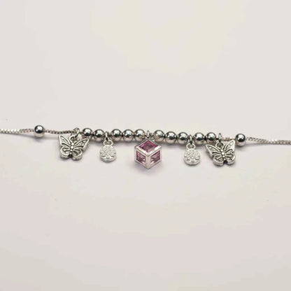 Pink CZ Butterfly & Star Cut Drop Charm Dangler Satellite Chain Anklet Set of 2 in 925 Silver