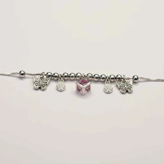 Pink CZ Butterfly & Star Cut Drop Charm Dangler Satellite Chain Anklet Set of 2 in 925 Silver