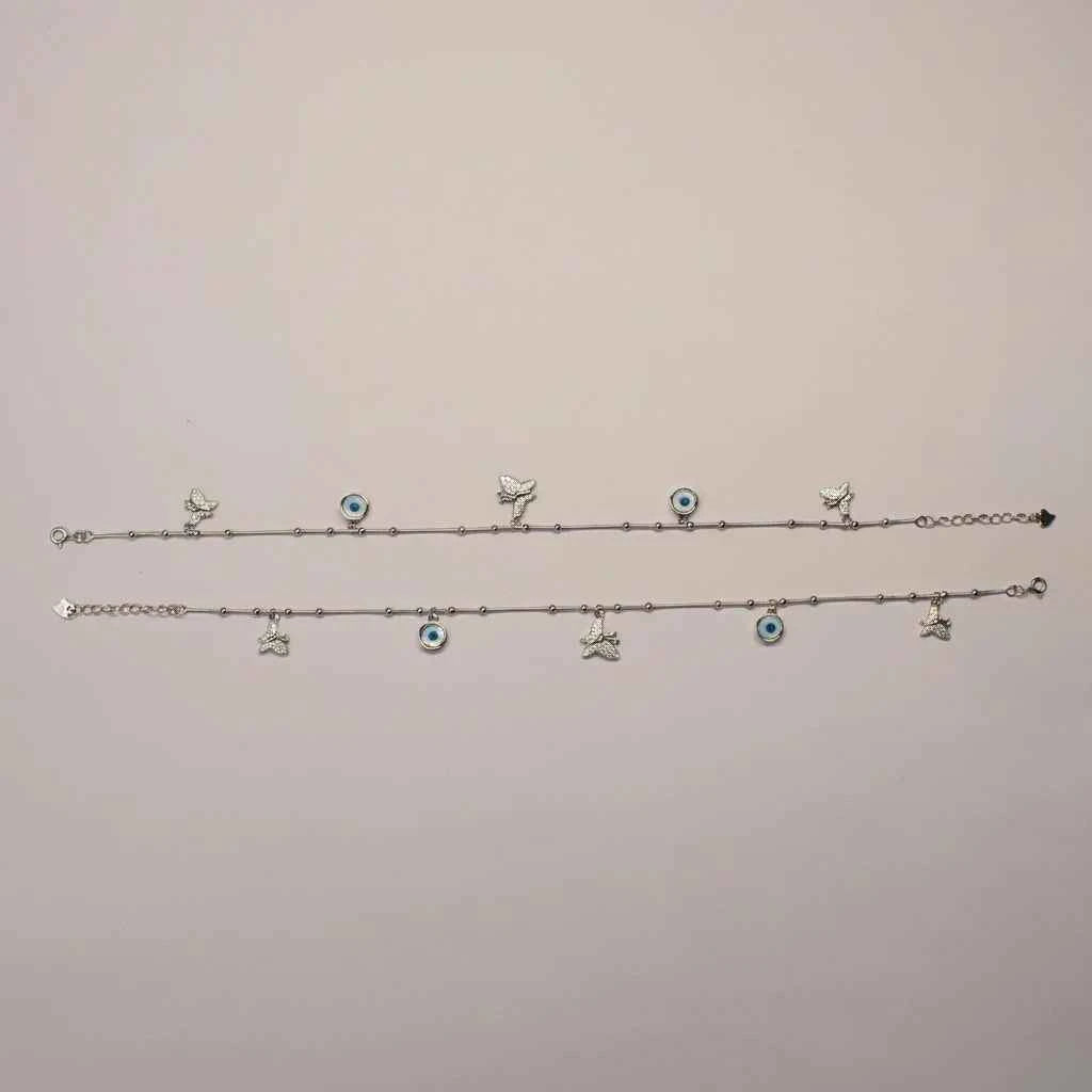Blue Evil Eye & CZ Butterfly Charm Dangler Satellite Chain Anklet Set of 2 in 925 Silver