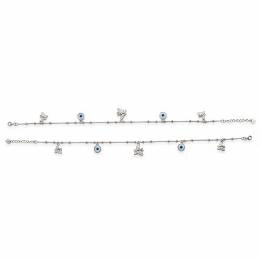 Shyni Jewelry silver anklet set featuring delicate butterfly charms and blue evil eye beads on a thin chain