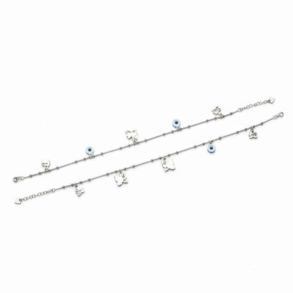Blue Evil Eye & CZ Butterfly Charm Dangler Satellite Chain Anklet Set of 2 in 925 Silver
