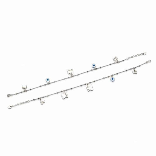 Blue Evil Eye & CZ Butterfly Charm Dangler Satellite Chain Anklet Set of 2 in 925 Silver
