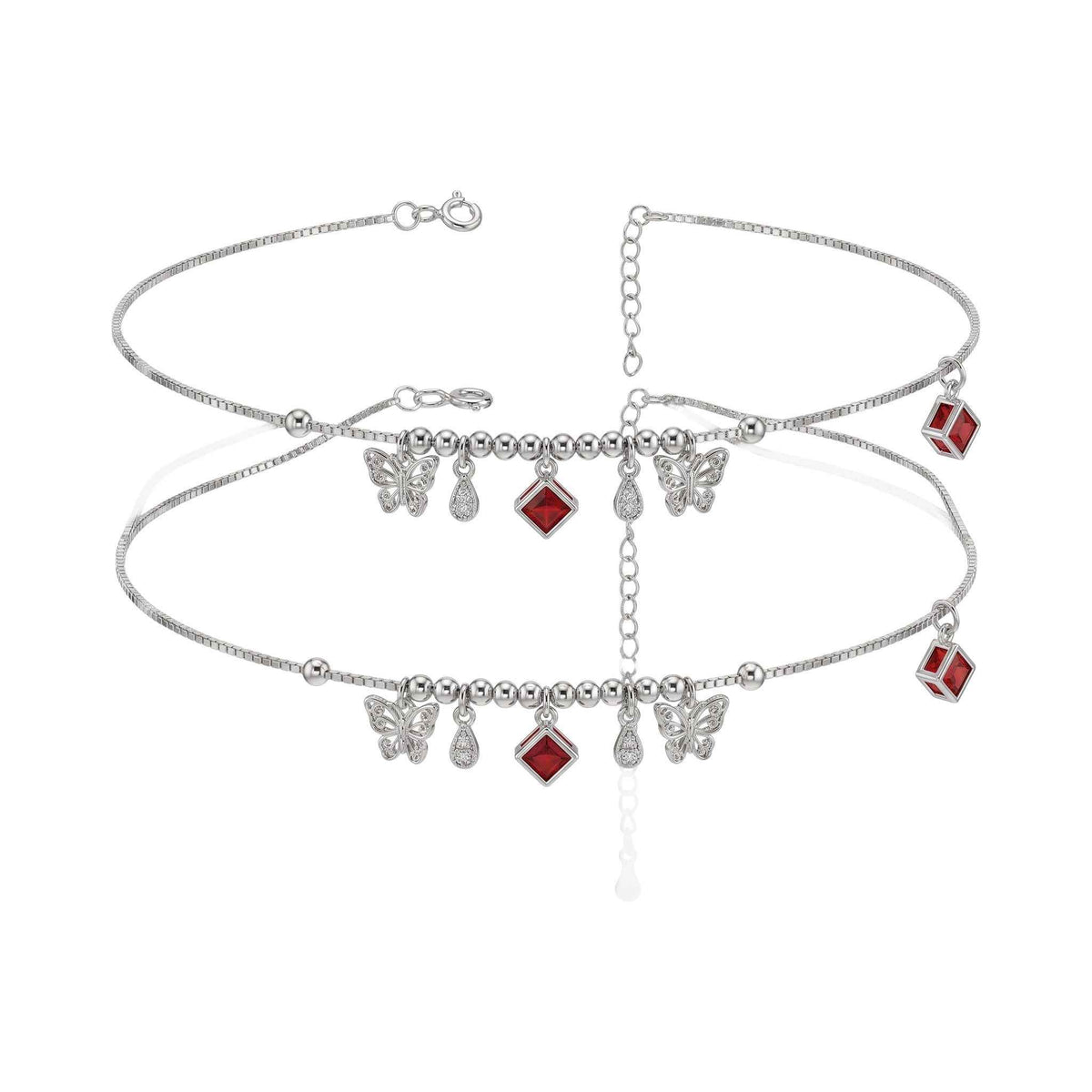 Ruby Red CZ Butterfly & Diamond Drop Charm Dangler Satellite Chain Anklet Set of 2 in 925 Silver