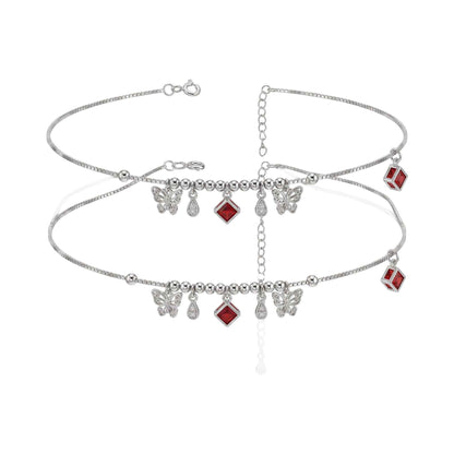 Ruby Red CZ Butterfly & Diamond Drop Charm Dangler Satellite Chain Anklet Set of 2 in 925 Silver