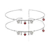 Ruby Red CZ Butterfly & Diamond Drop Charm Dangler Satellite Chain Anklet Set of 2 in 925 Silver