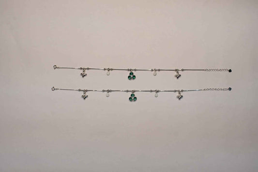 Green Clover & Butterfly Charm Anklet | 925 Sterling Silver Payal