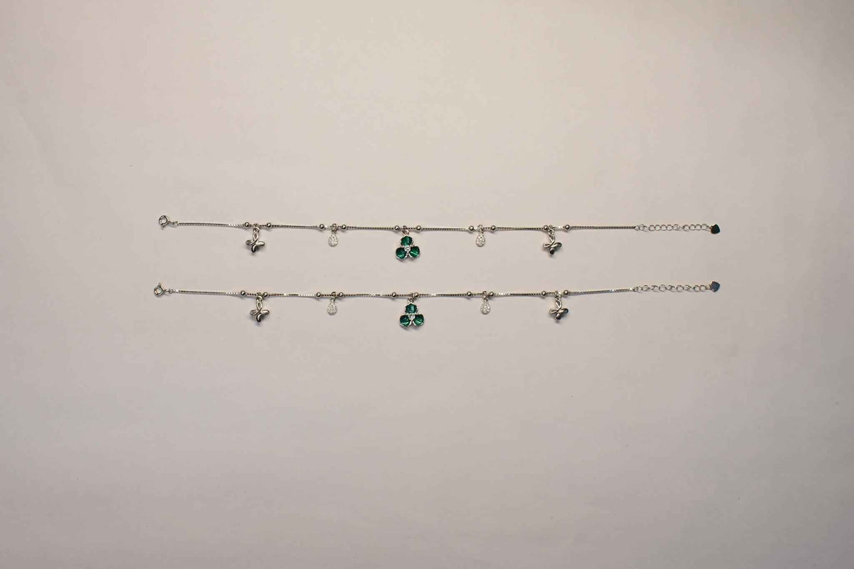 Green Clover & Butterfly Charm Anklet | 925 Sterling Silver Payal