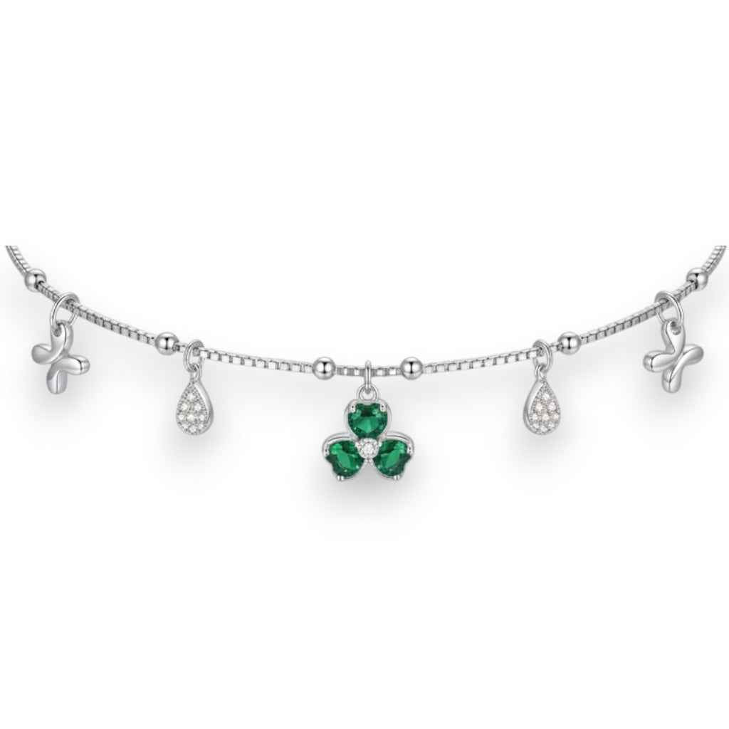 Green Clover & Butterfly Charm Anklet | 925 Sterling Silver Payal