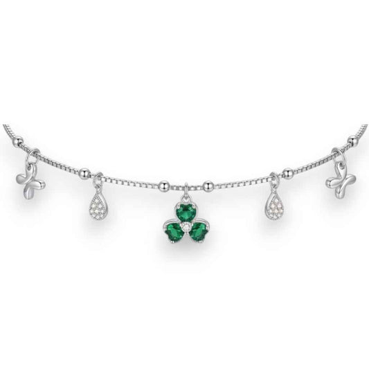 Green Clover & Butterfly Charm Anklet | 925 Sterling Silver Payal