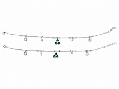 Green CZ Clover Feather & White CZ Charm Dangler Satellite Chain Anklet Set of 2 in 925 Silver