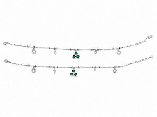 Green CZ Clover Feather & White CZ Charm Dangler Satellite Chain Anklet Set of 2 in 925 Silver