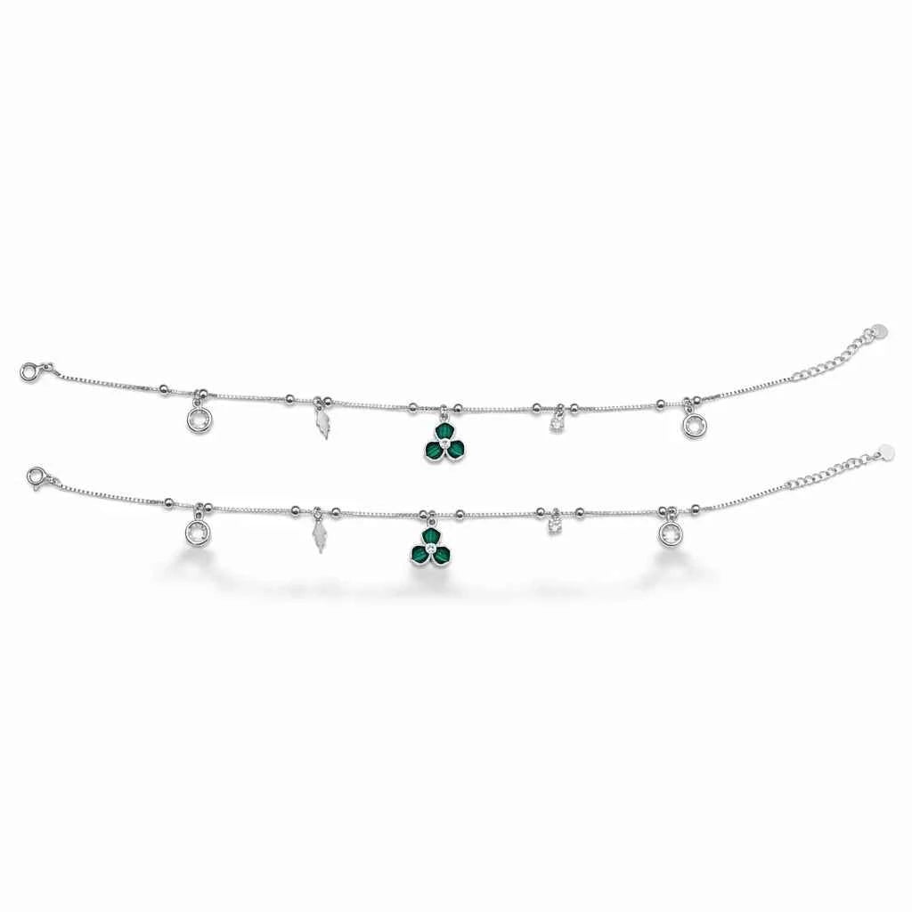 green cz clover feather & white cz charm dangler satellite chain anklet set of 2 in 925 silver