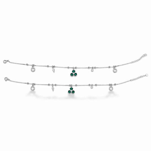 Green CZ Clover Feather & White CZ Charm Dangler Satellite Chain Anklet Set of 2 in 925 Silver