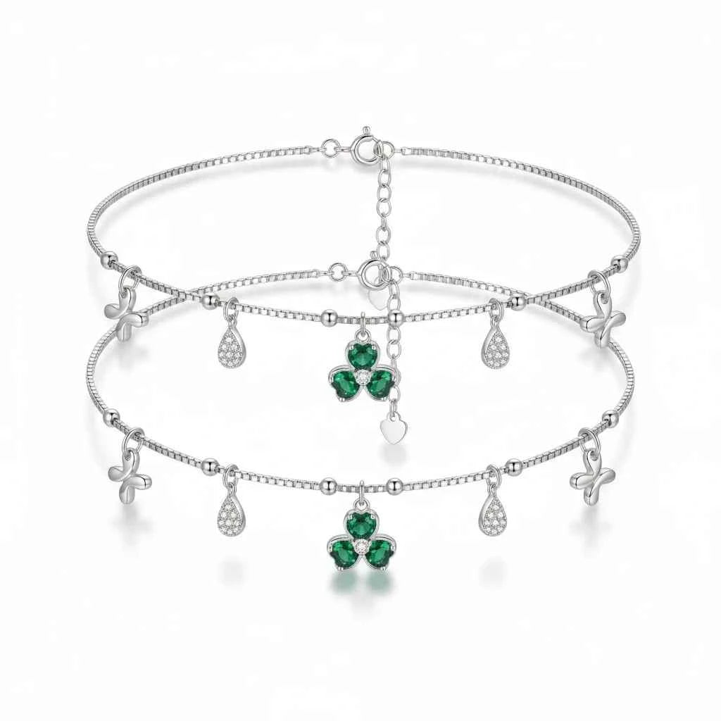 green clover & butterfly charm anklet | 925 sterling silver payal