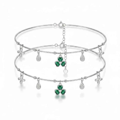 Green Clover & Butterfly Charm Anklet | 925 Sterling Silver Payal