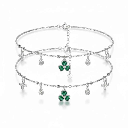 Green Clover & Butterfly Charm Anklet | 925 Sterling Silver Payal