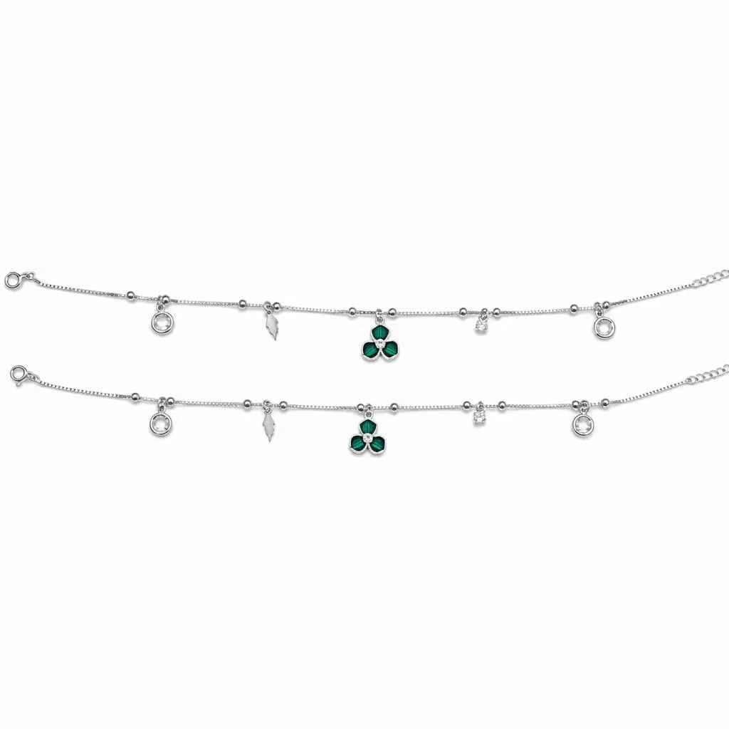 Green CZ Clover Feather & White CZ Charm Dangler Satellite Chain Anklet Set of 2 in 925 Silver