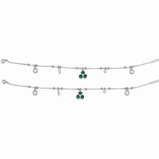 Green CZ Clover Feather & White CZ Charm Dangler Satellite Chain Anklet Set of 2 in 925 Silver