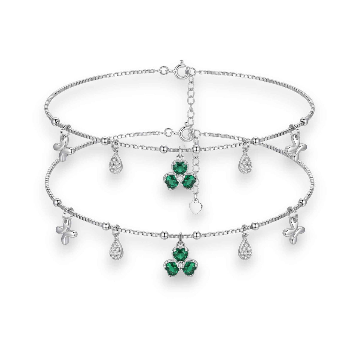 Green Clover & Butterfly Charm Anklet | 925 Sterling Silver Payal