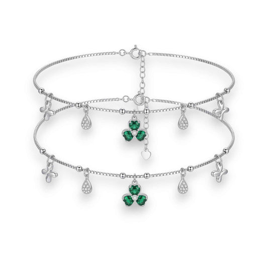 Green Clover & Butterfly Charm Anklet | 925 Sterling Silver Payal