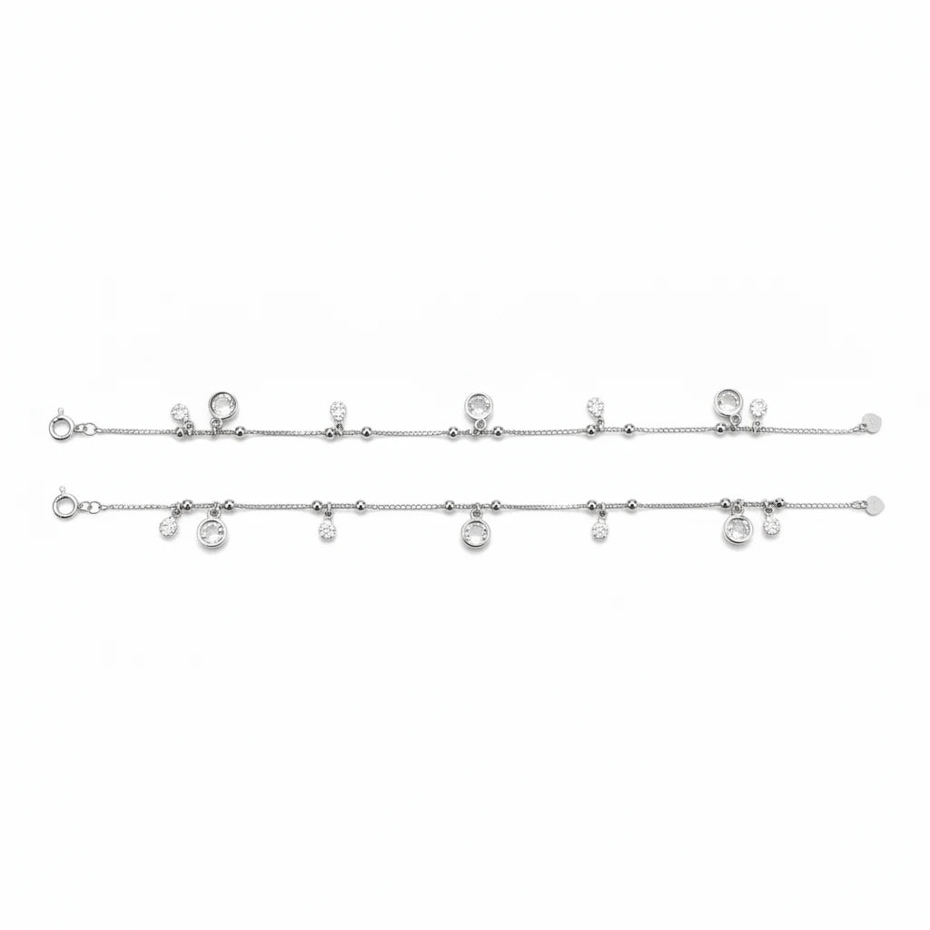 shyni jewelry silver charm anklet featuring delicate chain with dangling circular crystal accents