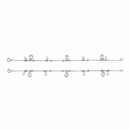 Shyni Jewelry silver charm anklet featuring delicate chain with dangling circular crystal accents