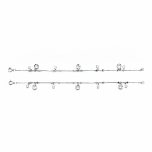 Shyni Jewelry silver charm anklet featuring delicate chain with dangling circular crystal accents