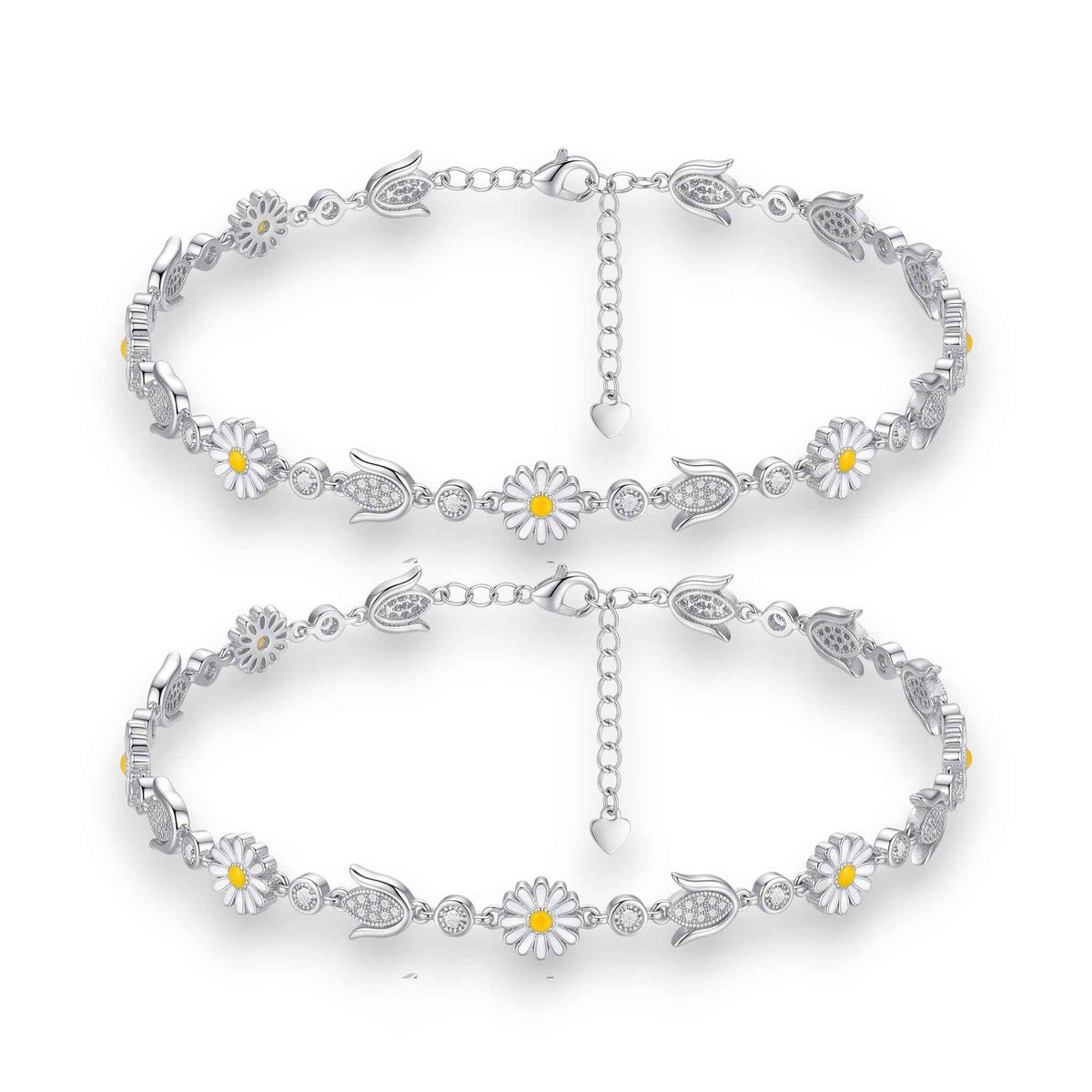 white enamel daisy flower & cz tulip bud link chain anklet set of 2 in 925 silver
