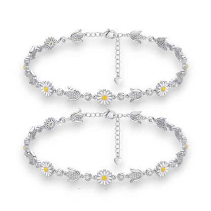 White Enamel Daisy Flower & CZ Tulip Bud Link Chain Anklet Set of 2 in 925 Silver