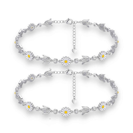 White Enamel Daisy Flower & CZ Tulip Bud Link Chain Anklet Set of 2 in 925 Silver