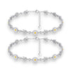 White Enamel Daisy Flower & CZ Tulip Bud Link Chain Anklet Set of 2 in 925 Silver