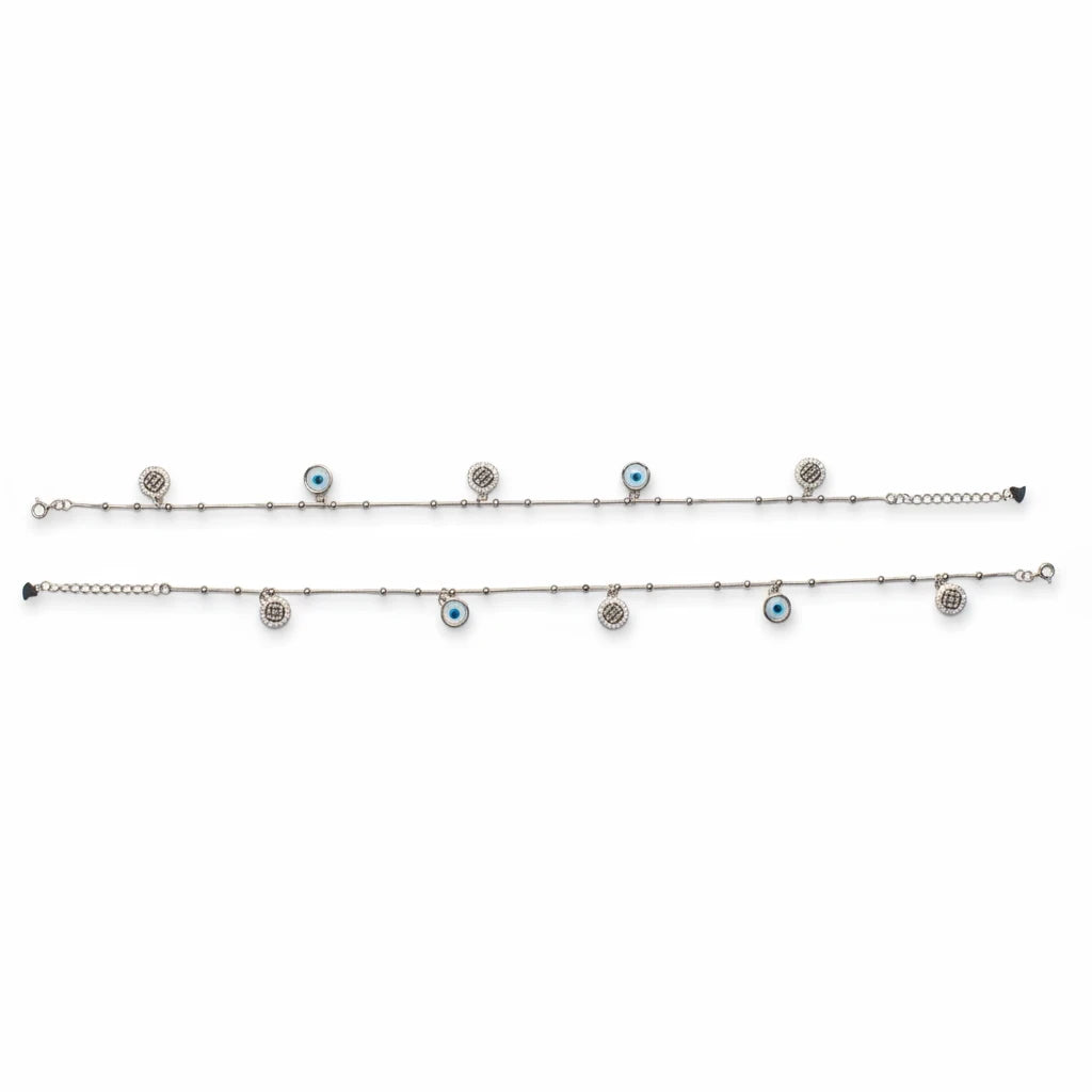 Shyni Jewelry silver chain anklet featuring alternating evil eye charms and sparkling crystal-encrusted discs