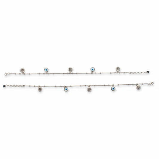 Shyni Jewelry silver chain anklet featuring alternating evil eye charms and sparkling crystal-encrusted discs