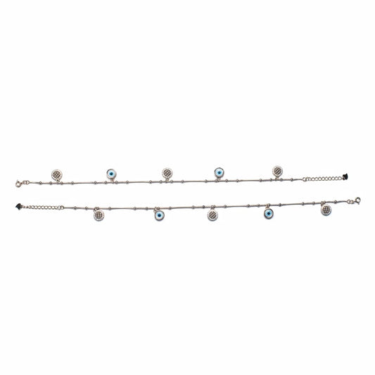 Shyni Jewelry silver anklet set featuring delicate chains with alternating evil eye and crystal-studded charms