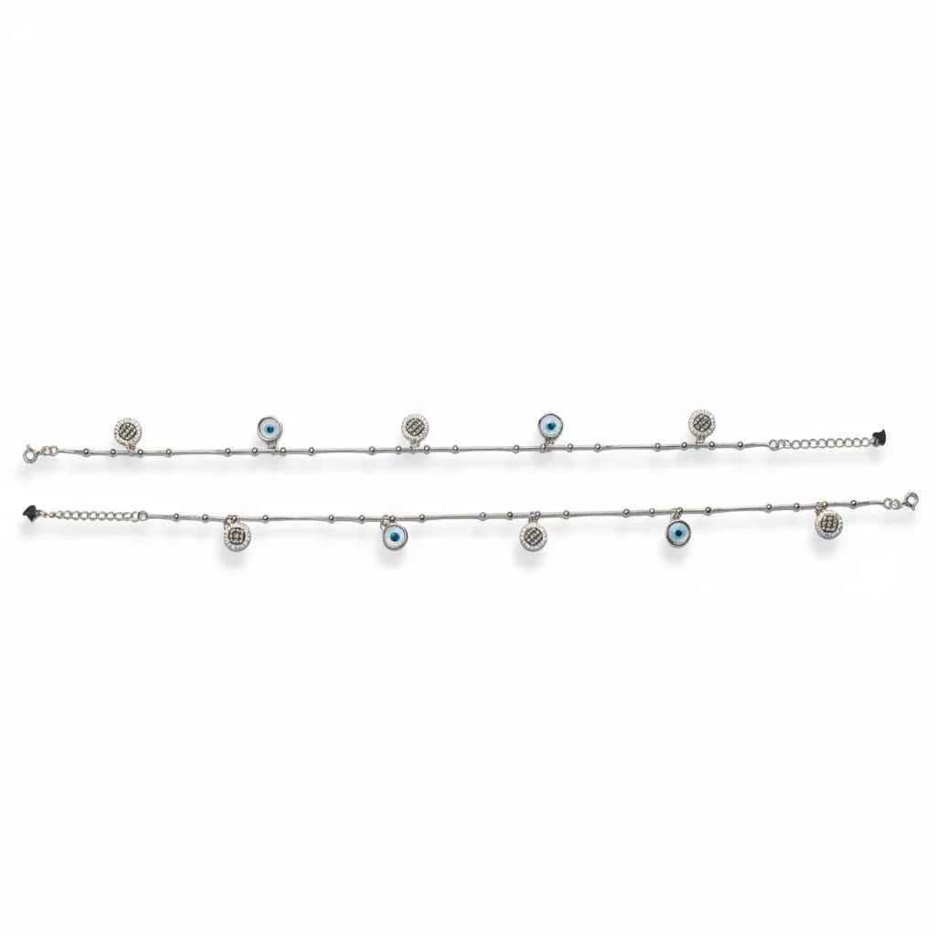 Blue Evil Eye & CZ Micro Pave Disc Charm Dangler Satellite Chain Anklet Set of 2 in 925 Silver
