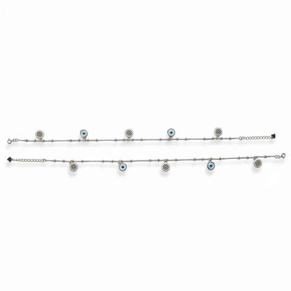 Blue Evil Eye & CZ Micro Pave Disc Charm Dangler Satellite Chain Anklet Set of 2 in 925 Silver