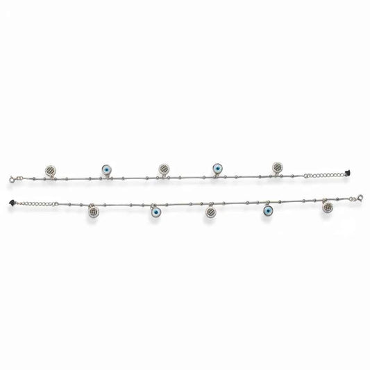 Blue Evil Eye & CZ Micro Pave Disc Charm Dangler Satellite Chain Anklet Set of 2 in 925 Silver