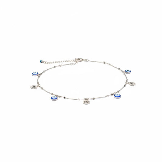Shyni Jewelry silver anklet featuring blue and white evil eye charms and small metallic beads on a delicate chain.