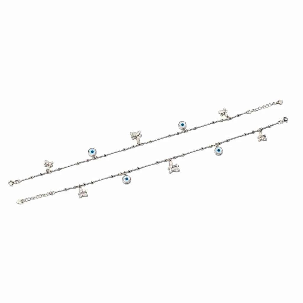 blue evil eye & cz butterfly charm dangler satellite chain anklet set of 2 in 925 silver