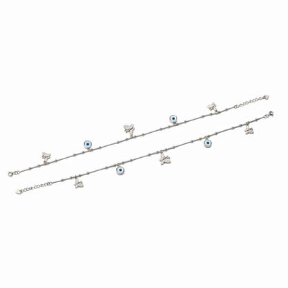 Blue Evil Eye & CZ Butterfly Charm Dangler Satellite Chain Anklet Set of 2 in 925 Silver