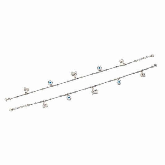 Blue Evil Eye & CZ Butterfly Charm Dangler Satellite Chain Anklet Set of 2 in 925 Silver