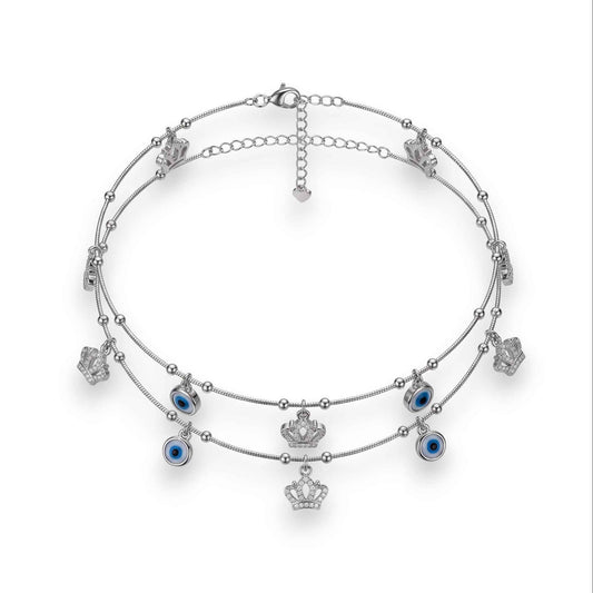 Blue Evil Eye & CZ Crown Charm Dangler Satellite Chain Anklet Set of 2 in 925 Silver