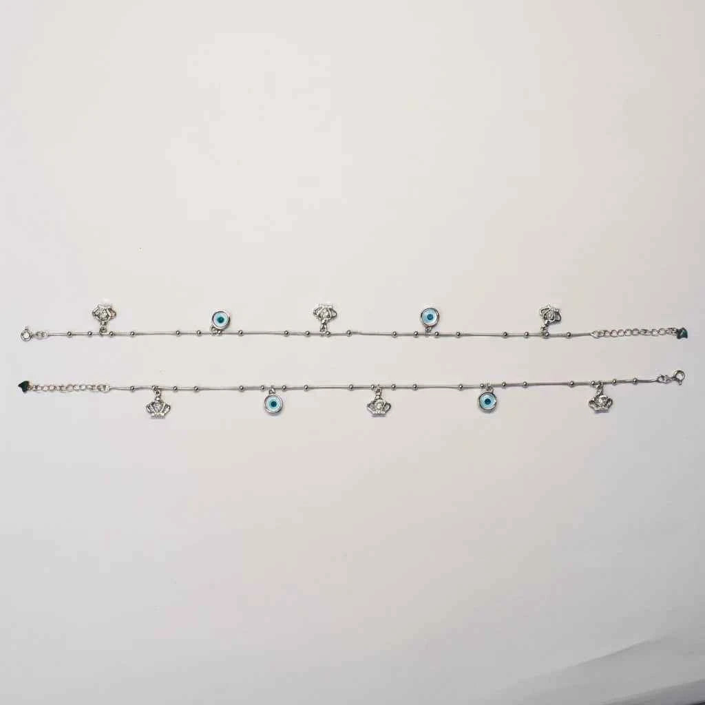 blue evil eye & cz crown charm dangler satellite chain anklet set of 2 in 925 silver