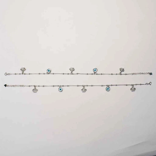 Blue Evil Eye & CZ Crown Charm Dangler Satellite Chain Anklet Set of 2 in 925 Silver
