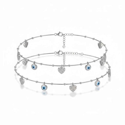 Blue Evil Eye & CZ Pave Heart Charm Dangler Satellite Chain Anklet Set of 2 in 925 Silver