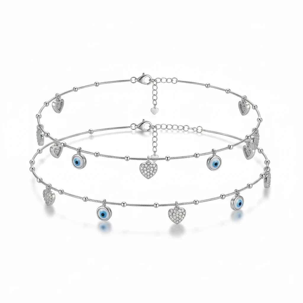 blue evil eye & cz pave heart charm dangler satellite chain anklet set of 2 in 925 silver