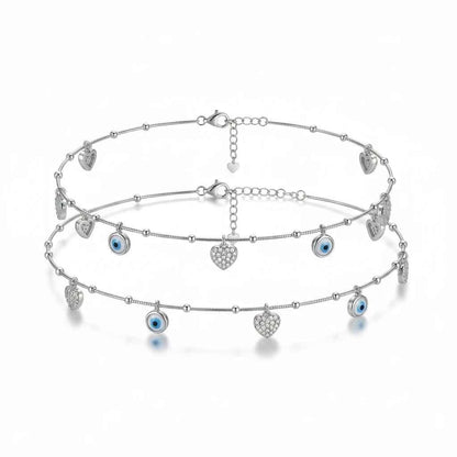 Blue Evil Eye & CZ Pave Heart Charm Dangler Satellite Chain Anklet Set of 2 in 925 Silver