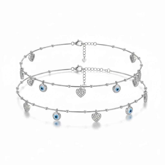 Blue Evil Eye & CZ Pave Heart Charm Dangler Satellite Chain Anklet Set of 2 in 925 Silver