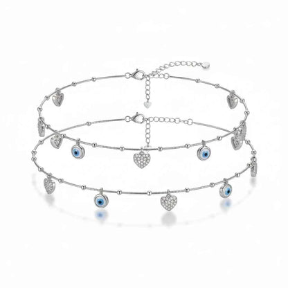Blue Evil Eye & CZ Pave Heart Charm Dangler Satellite Chain Anklet Set of 2 in 925 Silver