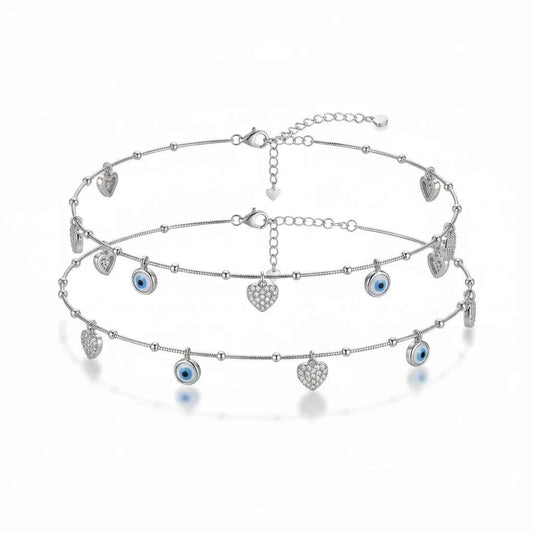 Blue Evil Eye & CZ Pave Heart Charm Dangler Satellite Chain Anklet Set of 2 in 925 Silver